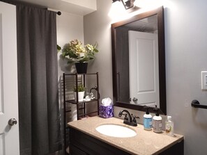 A bathroom with a sink, mirror, and a shelf with plants. - Fairmount House at The Mann (Philadelphia)
