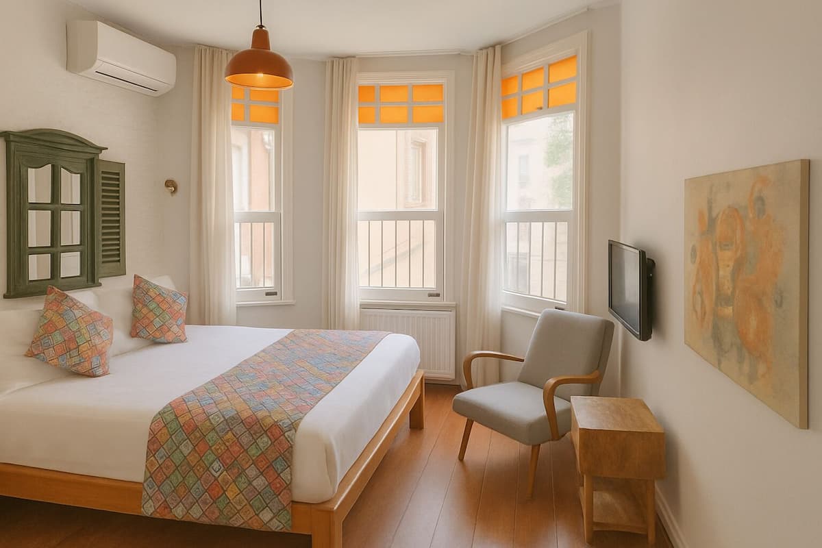A bedroom with a bed, a chair, a small table, a TV, and a painting on the wall.