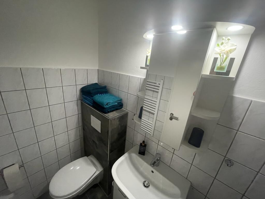 Ein kleines Badezimmer mit Toilette, Waschbecken und Handtuchhalter.