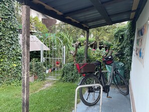 Uma área externa coberta com uma bicicleta, plantas em vasos e um portão de metal.