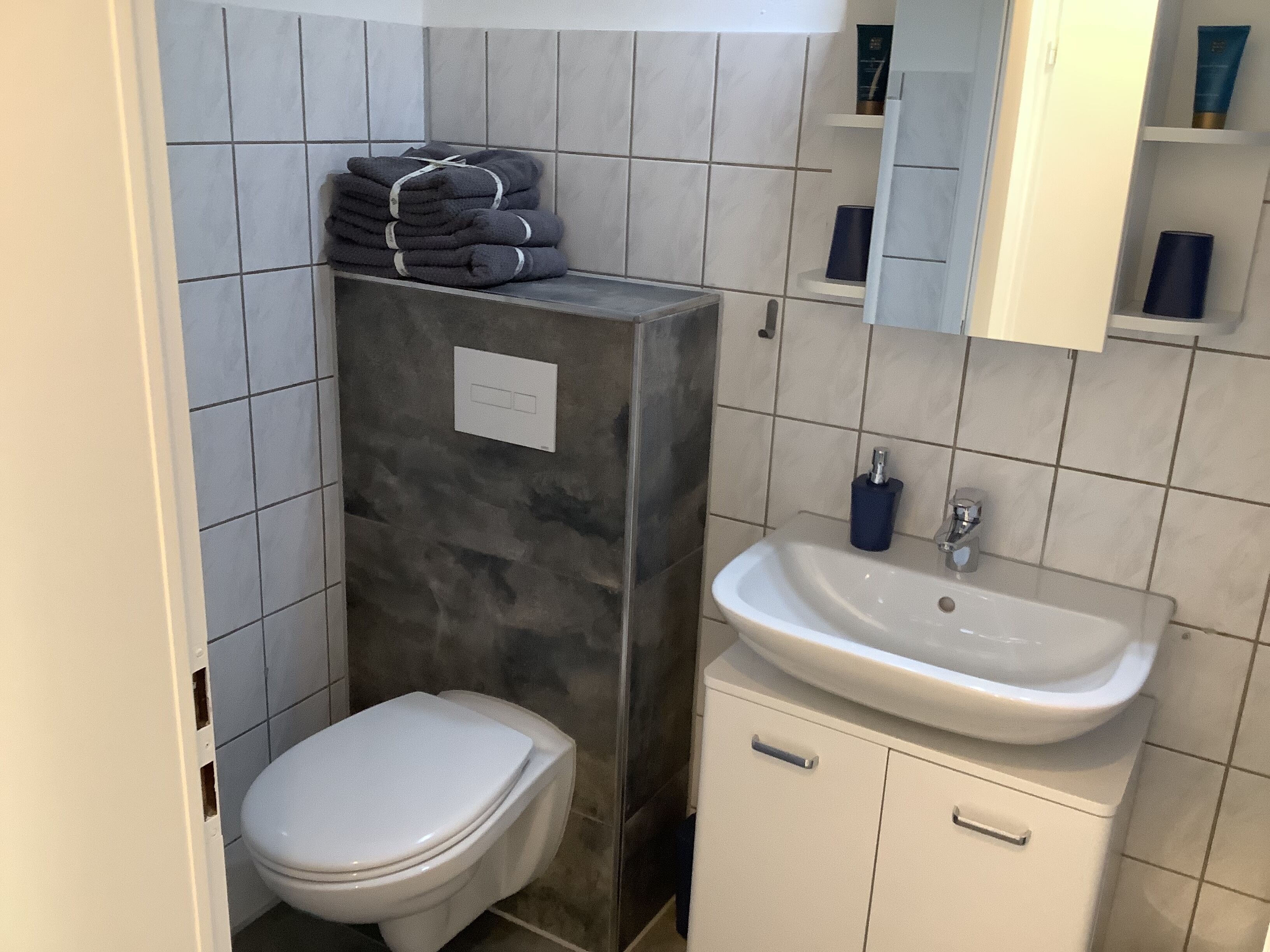 A bathroom with a toilet, a sink, and a towel rack.