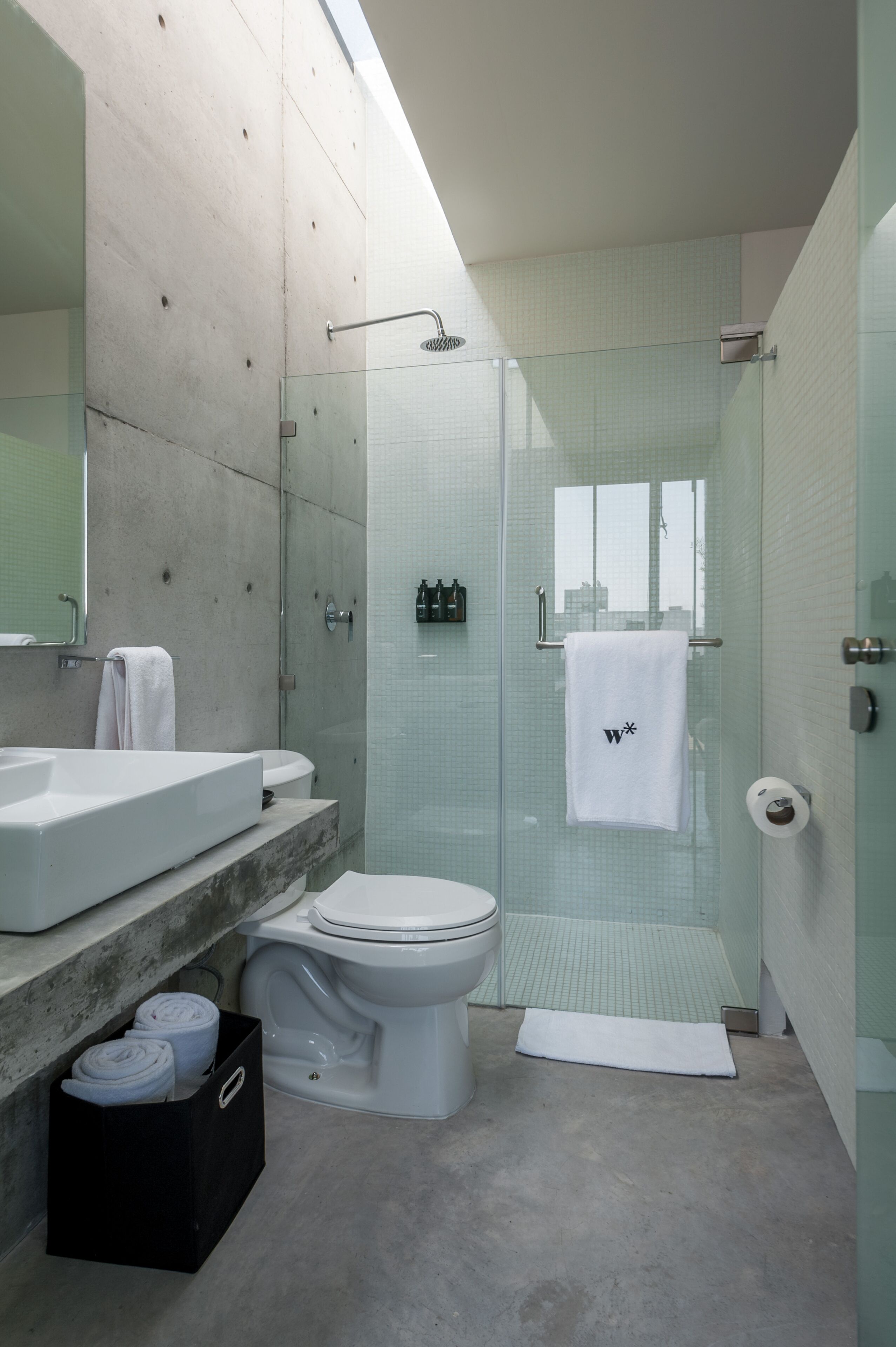 A modern bathroom with a glass-enclosed shower, a white toilet, and a large mirror.
