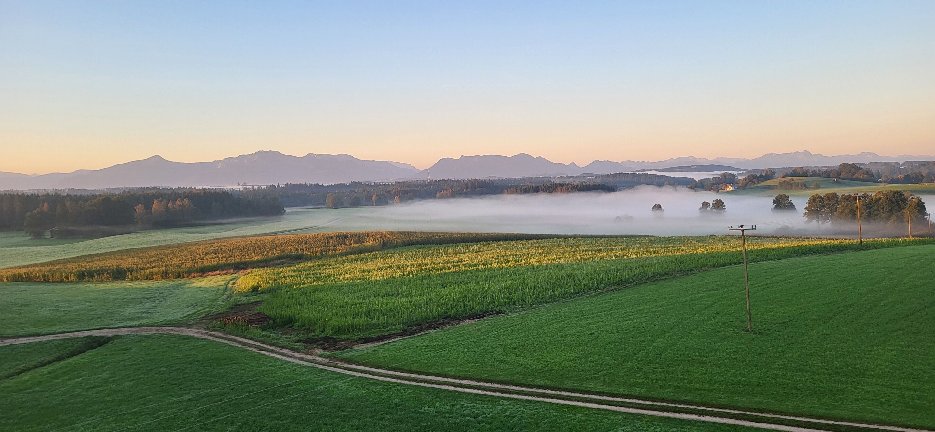 Un paysage rural avec des champs, une route et des montagnes à l’horizon.