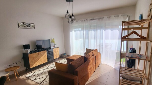 Uma sala de estar com sofá, televisão, armário e estante de madeira.