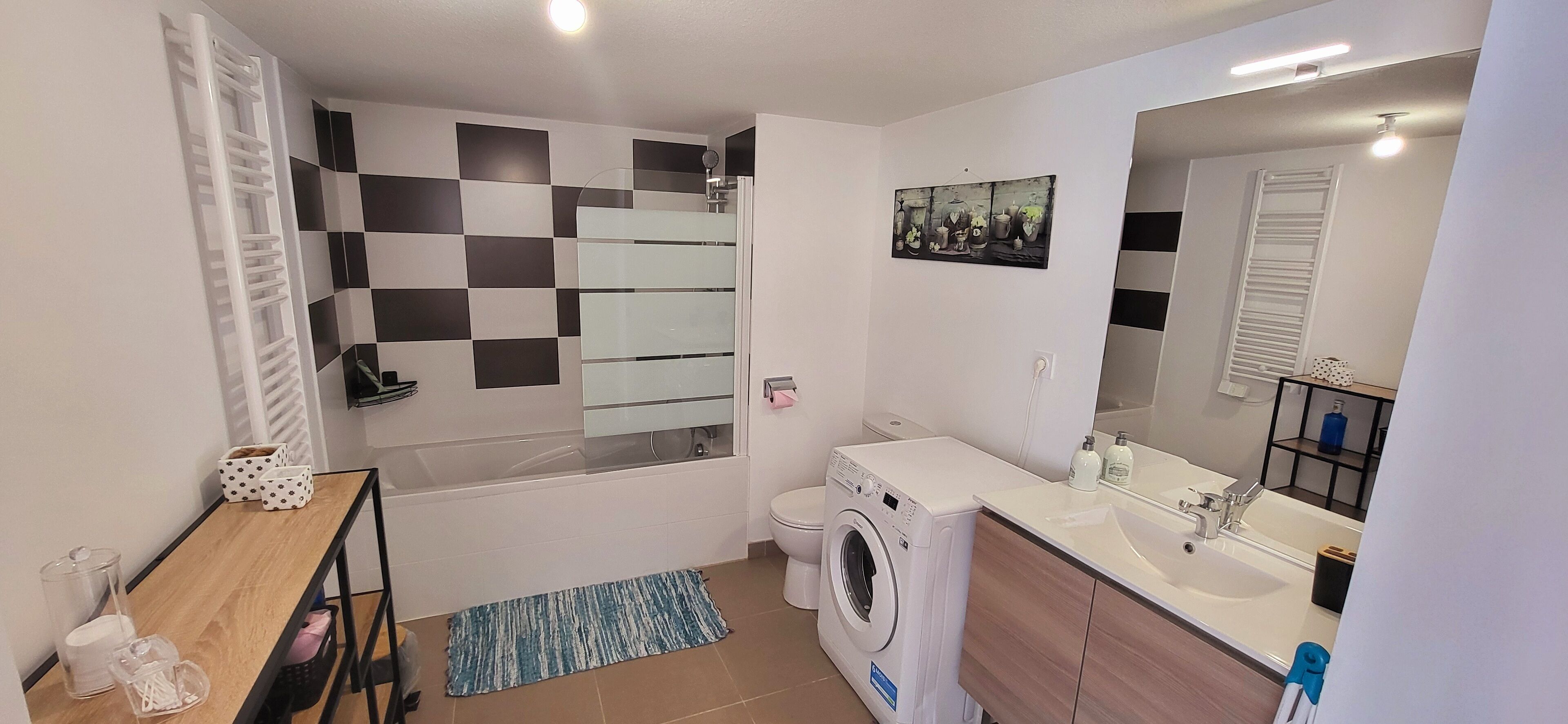 Hair dryer, towels, soap, toilet paper