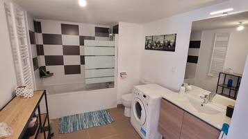 Hair dryer, towels, soap, toilet paper