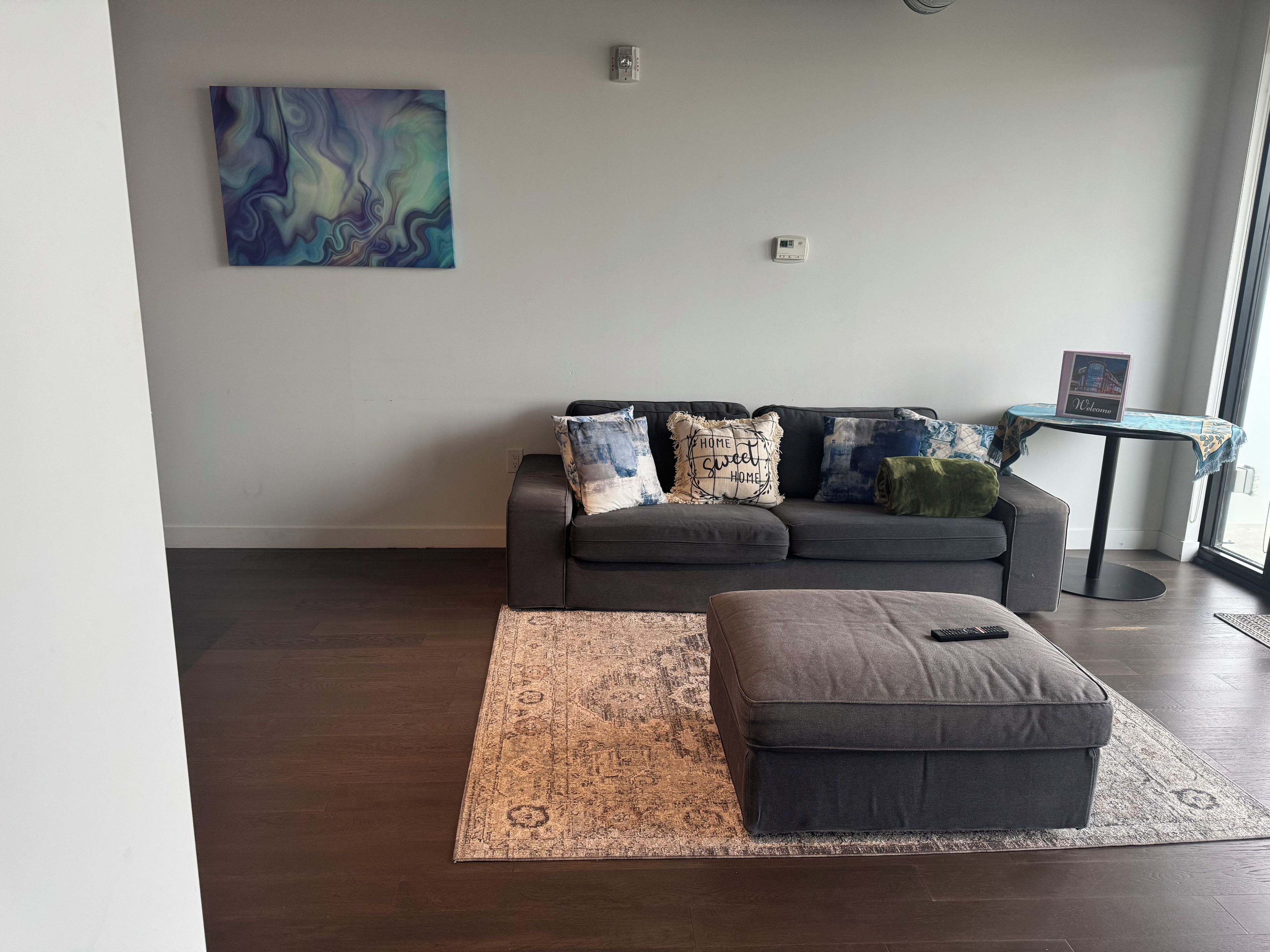 A modern living room with a gray sofa, patterned rug, and a painting on the wall.
