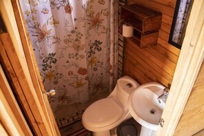 Regadera, toallas, jabón, papel de baño