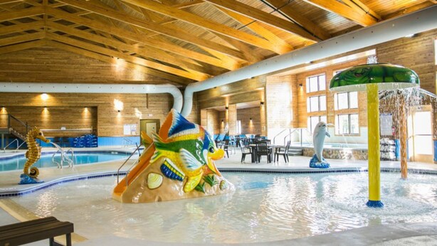 An indoor swimming pool with a wooden ceiling, a colorful play structure, and a dolphin statue. - Thumper Pond Resort (Ottertail)