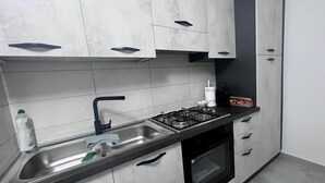 Une cuisine moderne avec des meubles gris, un évier en acier inoxydable, une cuisinière à gaz et un four encastré.
