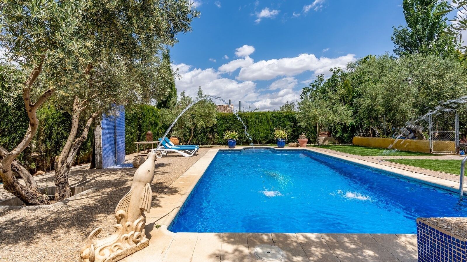 Ein rechteckiger Swimmingpool mit klarem, blauem Wasser, umgeben von Bäumen und einer kleinen Gartenanlage.