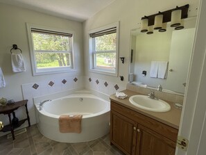 A bathroom with a freestanding bathtub, a vanity with a sink, and two windows with blinds. - Old Cowboy Ranch Guesthouse - CALL FOR AVAILABILITY (Westbridge)