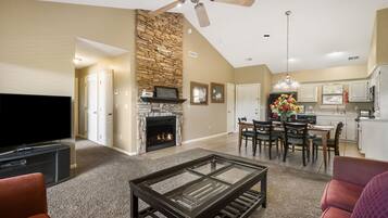 Smart TV, fireplace, DVD player, books