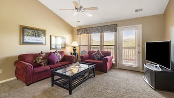 Smart TV, fireplace, DVD player, books