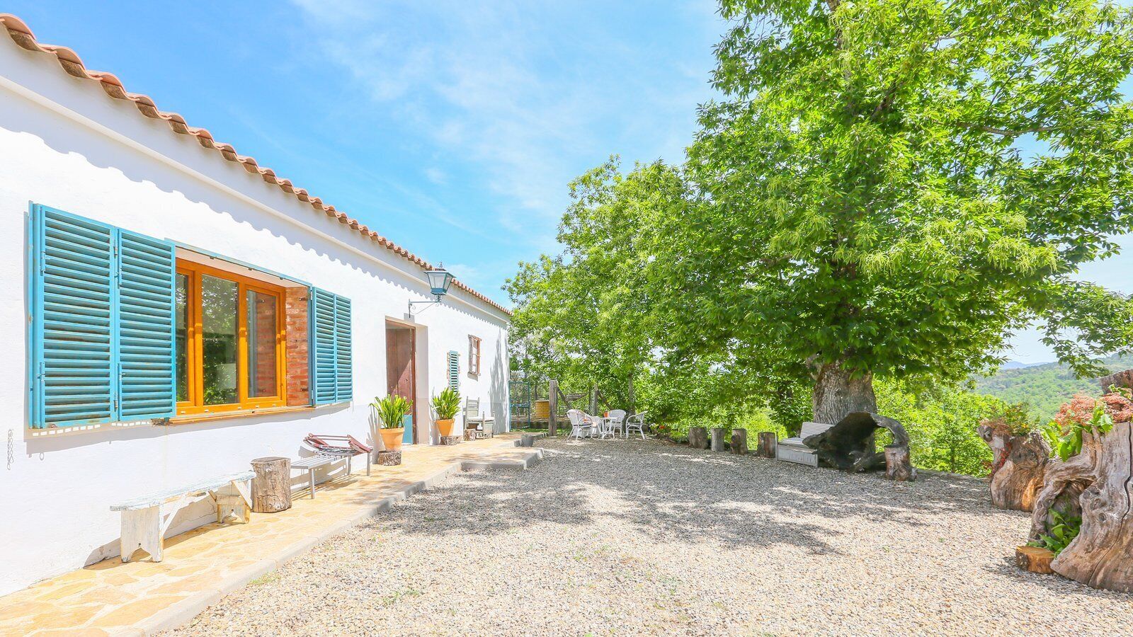 A white building with blue shutters, a gravel patio, and a large tree in the background.
