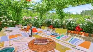 Un espace de restauration en plein air, avec une table dressée pour un repas, entouré d’une végétation luxuriante et de plantes en fleurs.