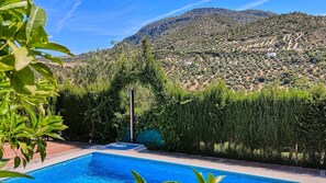Ein Schwimmbecken mit Blick auf eine gebirgige Landschaft und üppiges Grün.