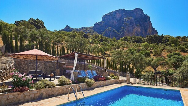 Ein Poolbereich mit Steinmauer, Liegestühlen und einer Pergola mit Dach.