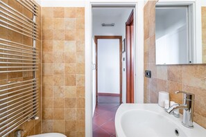 Shower, hair dryer, bidet, towels