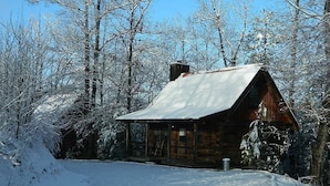 A rustic cabin with a sloped roof, surrounded by snow-covered trees, indicating a winter setting. - Affordable Gatlinburg Honeymoon Log Cabin (Gatlinburg)