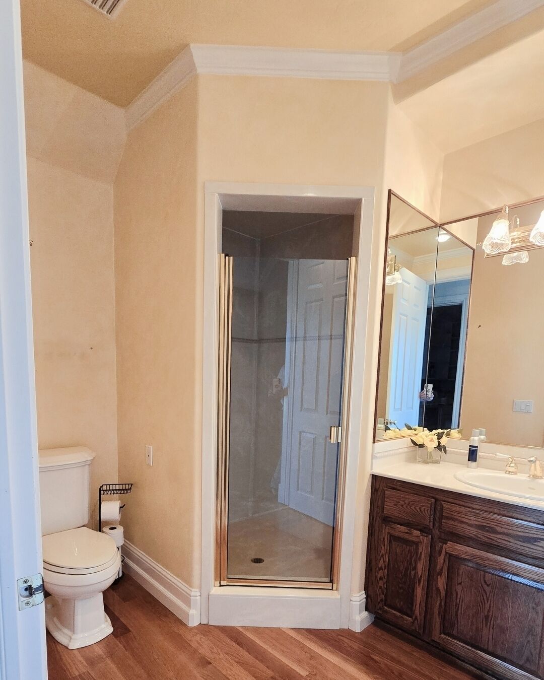 A bathroom with a glass-enclosed shower, a toilet, a vanity with a mirror, and wooden cabinetry.