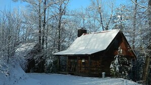 A rustic cabin with a sloped roof, surrounded by snow-covered trees, indicating a winter setting.