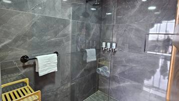 Hair dryer, towels, soap, shampoo