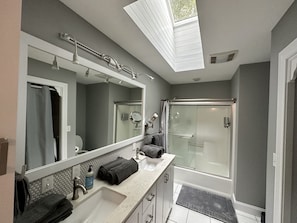 Hair dryer, towels, soap, shampoo