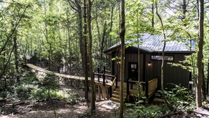 A cabin with a wooden deck and stairs leading to a door, surrounded by a forest. - Luxury Treehouse 20 miles from asheville.  (Saluda)