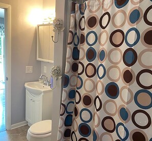 Hair dryer, towels, soap, toilet paper