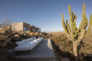 Un edificio moderno con un patio que incluye un sofá blanco y un camino de hormigón.