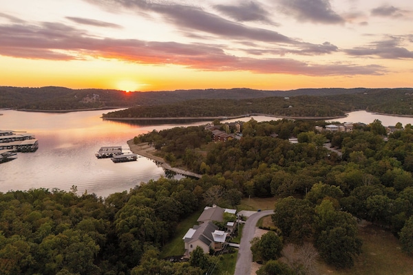 Aerial of the lake at sunset