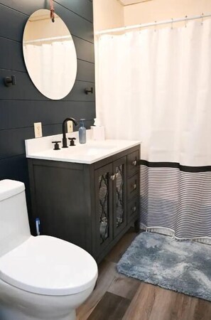 Hair dryer, towels, soap, shampoo