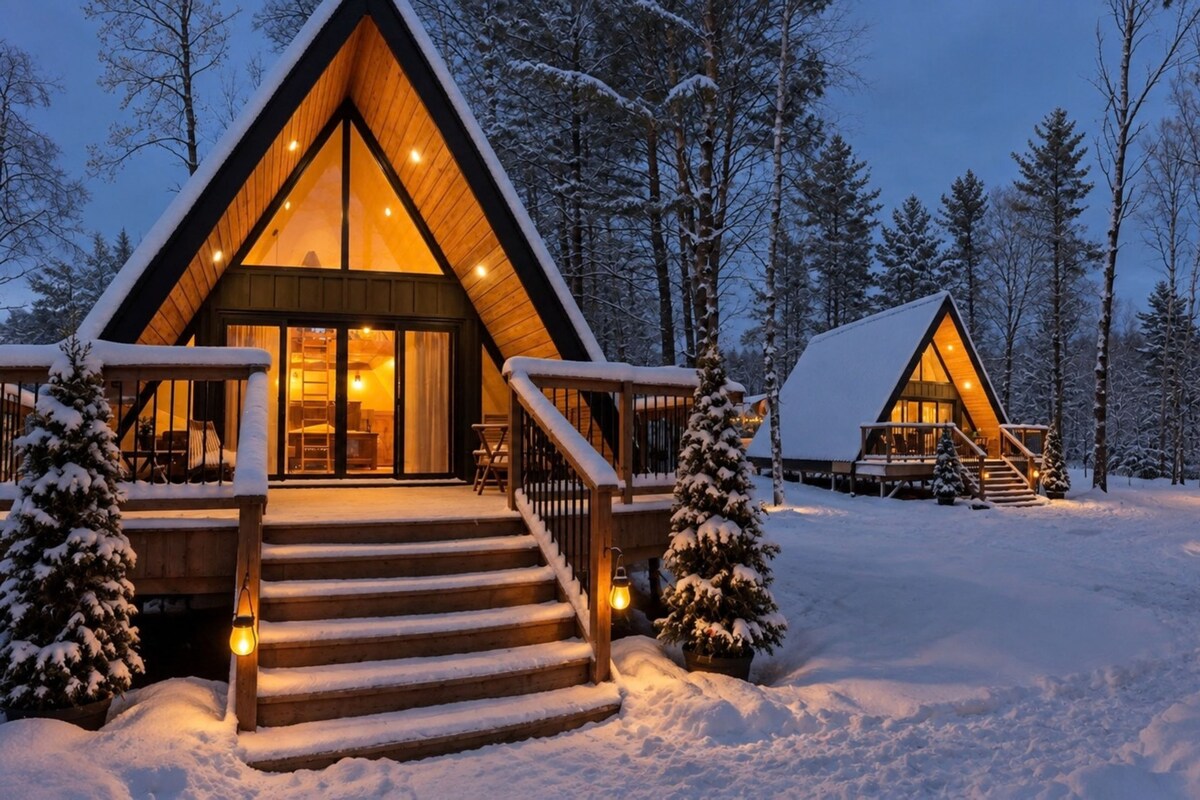 Une cabane avec un toit triangulaire, une véranda à l’avant et un escalier menant à l’entrée.