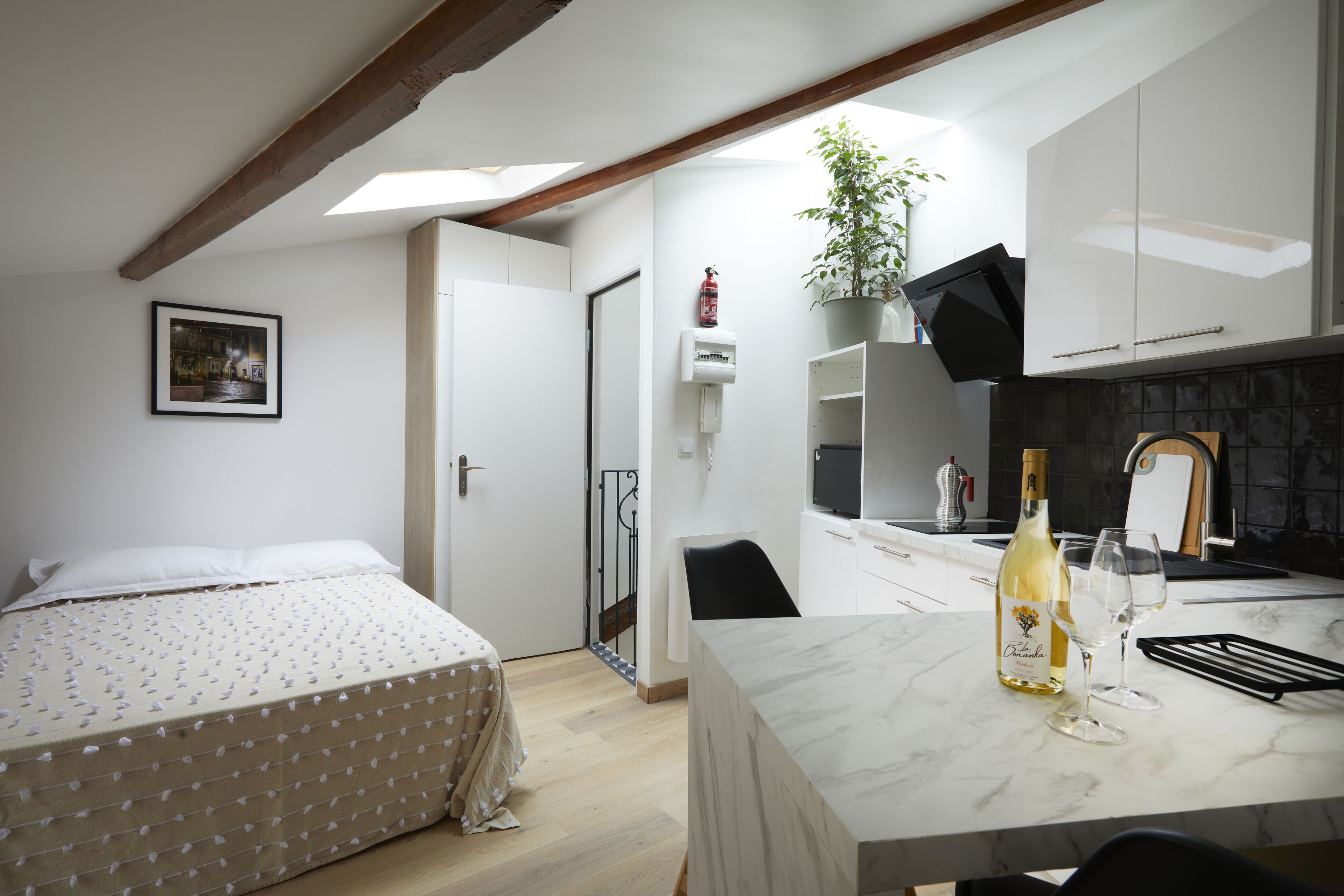 A bedroom with a bed, a small kitchenette with a wine bottle and glasses, and a bathroom with a shower.