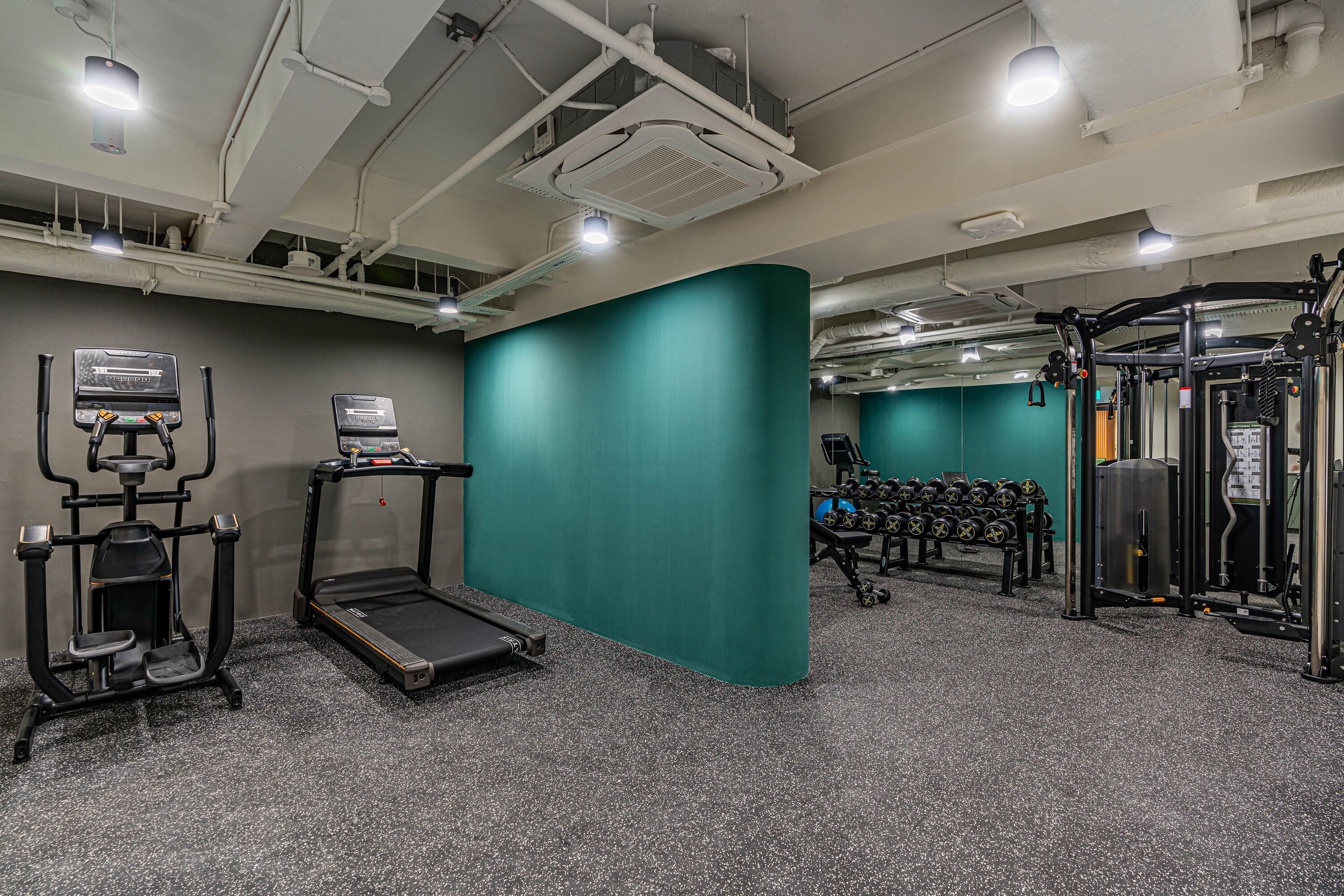 A gym with treadmills, weight machines, and dumbbells.