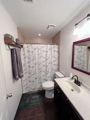 Shower, hair dryer, towels, soap