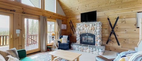 TV, fireplace, books