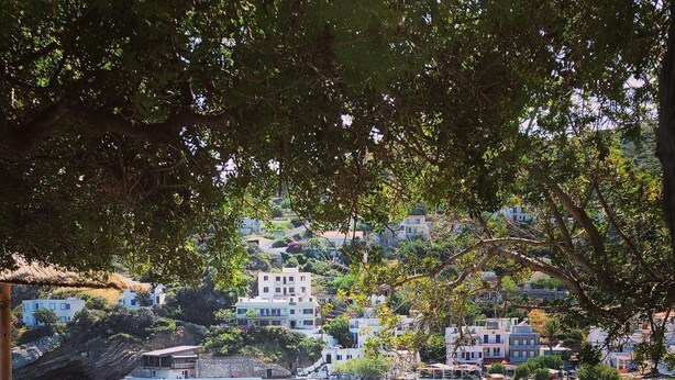 A coastal view with a hammock, a table, and chairs, overlooking a beach and buildings. - Irigoni Studio - Ikaria (Agios Kirykos)