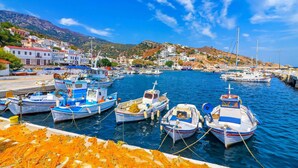 A harbor with boats docked, a mountainous backdrop, and buildings along the waterfront. - Irigoni Studio - Ikaria (Agios Kirykos)