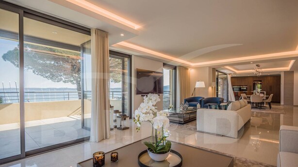A modern living room with a large glass window, a sofa, a coffee table with a plant, and a dining area in the background.