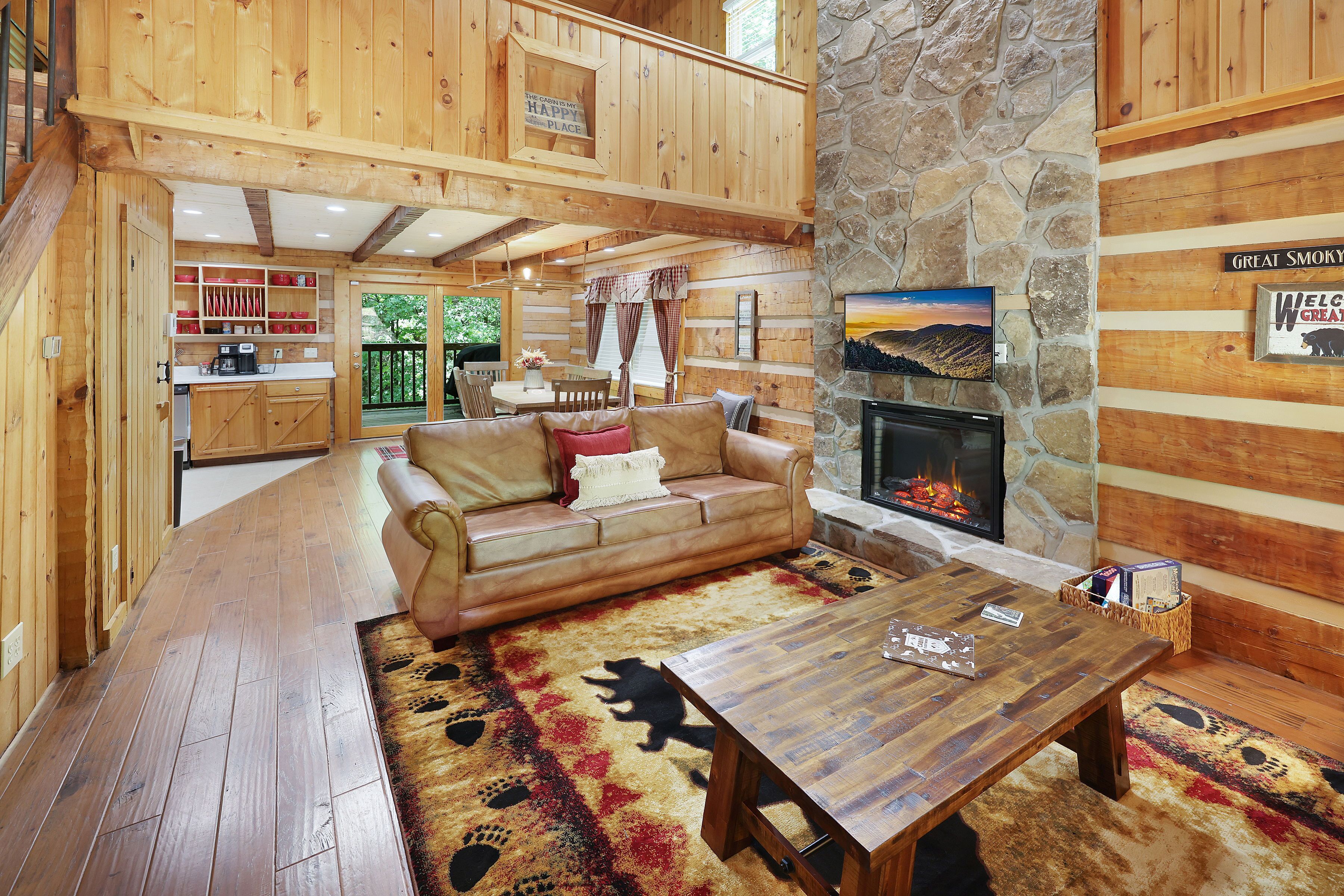 TV connectée, cheminée, lecteur de DVD, livres