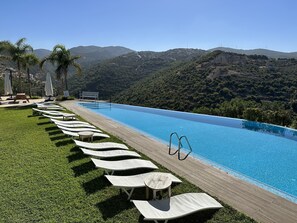 Seasonal outdoor pool, pool umbrellas, sun loungers