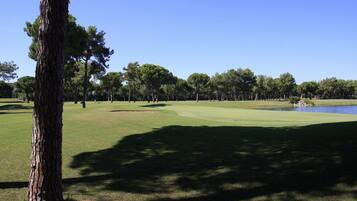 Un campo de golf con un estanque, árboles y cielo despejado.