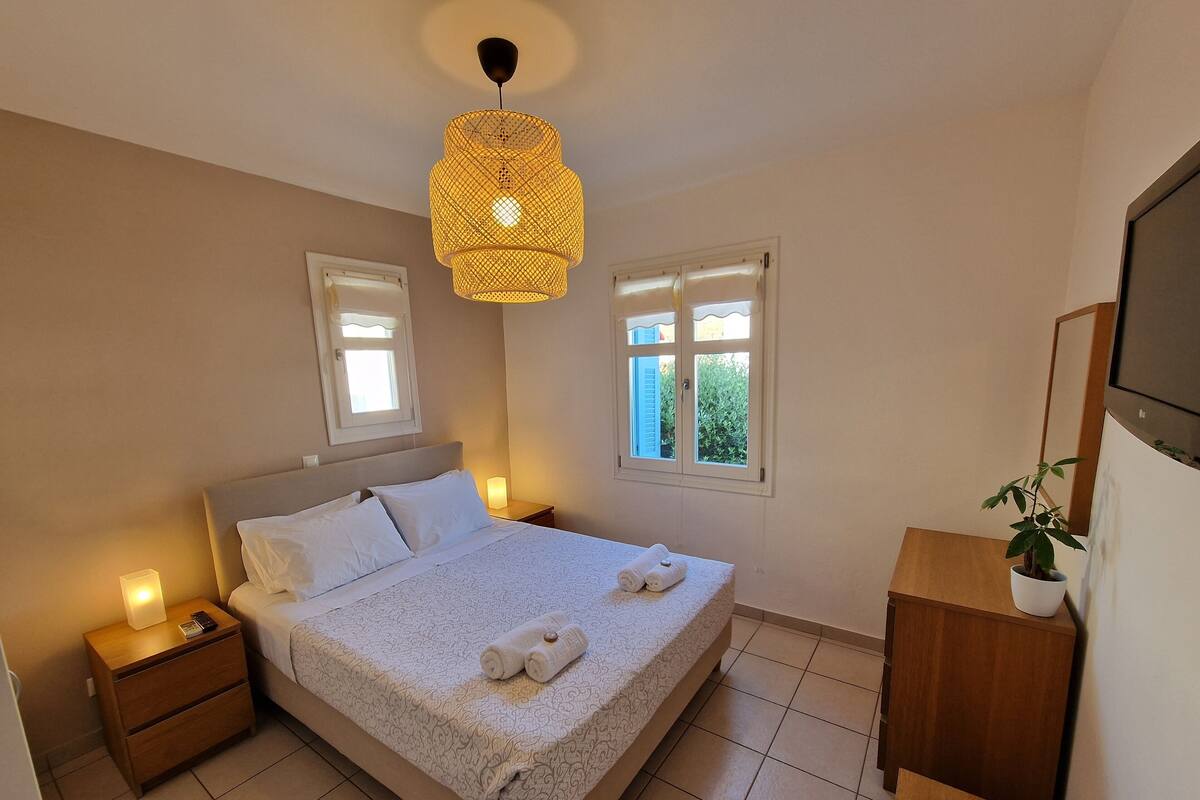 A neatly arranged bedroom with a bed, bedside tables, a hanging light fixture, windows, and a potted plant.