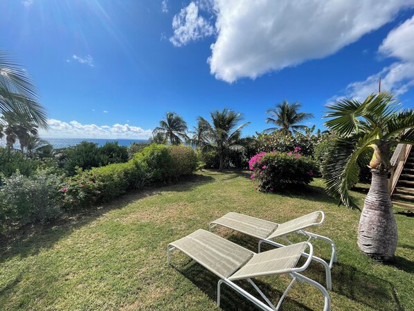 A garden with two metal lounge chairs, a large potted plant, and a view of the ocean. - La Colibrée, a gorgeous villa with ocean views and a pool, 80 m from the beach (Saint-François)