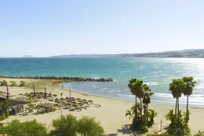 A beach view with palm trees, a sandy shore, and a clear sky.