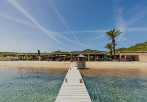 Une jetée en bois menant à un restaurant situé en bord de mer, doté d’une terrasse et agrémentée d’un palmier.