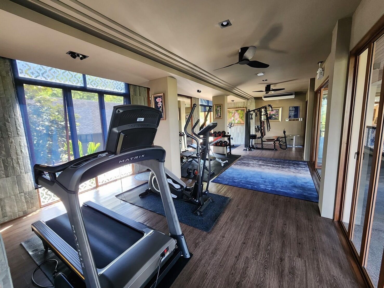 A home gym with treadmills, weight machines, and a ceiling fan.