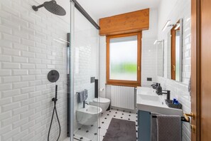 Shower, hair dryer, bidet, towels